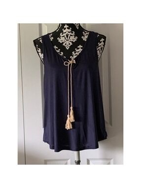 2 Hearts Navy Blue Sleeveless Tank Top with Tassel Tie